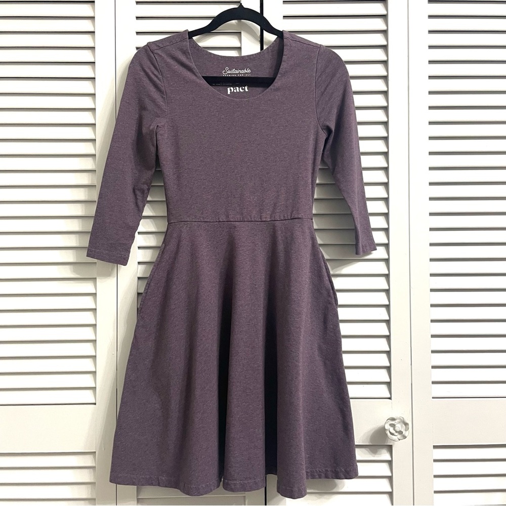 Pact XS Purple Fit & Flare Dress 3/4 Sleeve Knee Length Lagenlook Sustainable